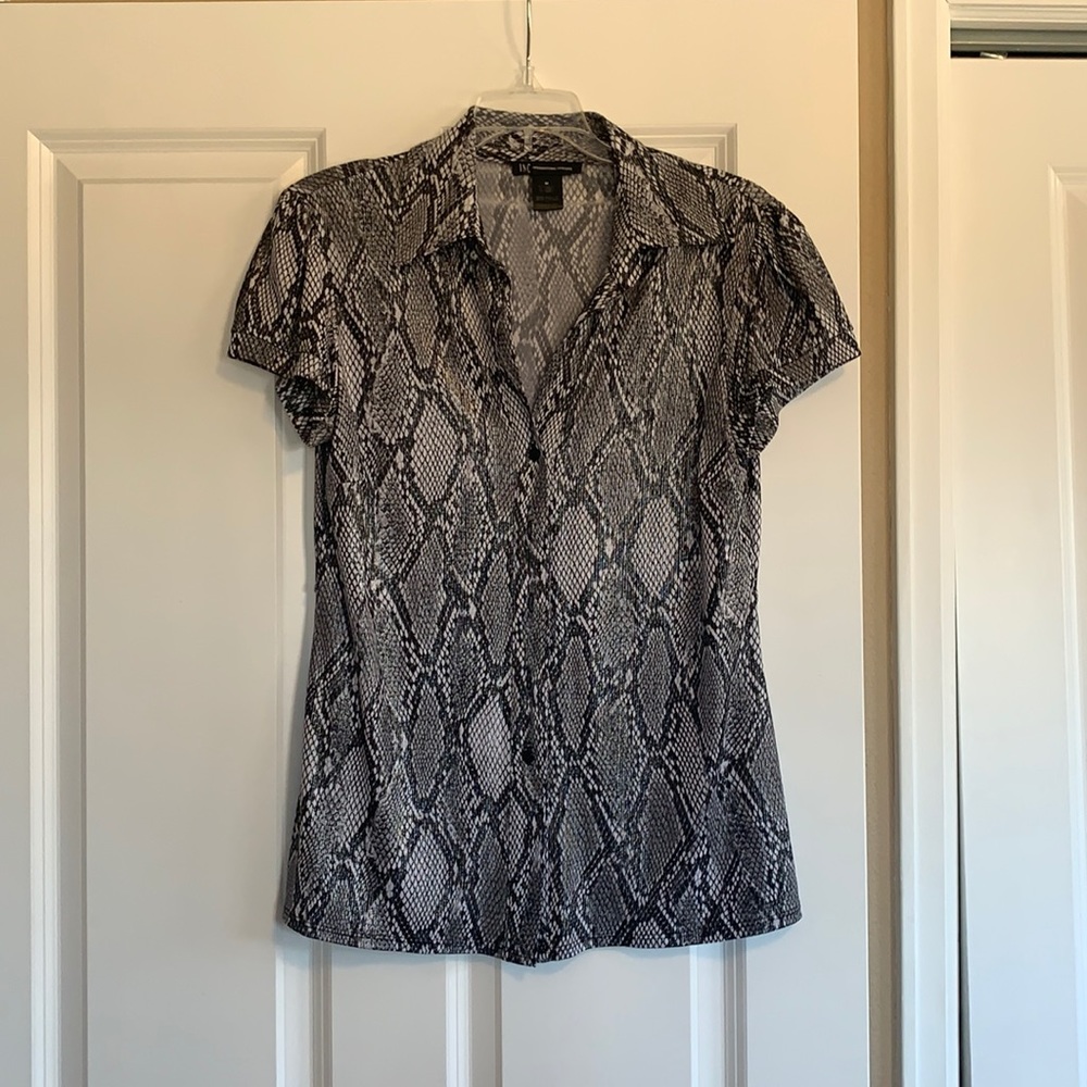 INC International Concepts snakeskin print button up blouse.